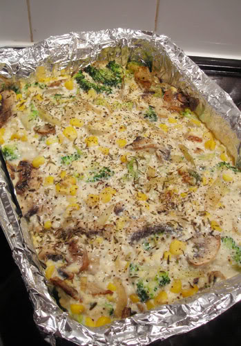 mushroom and broccoli vegan quiche with potato crust