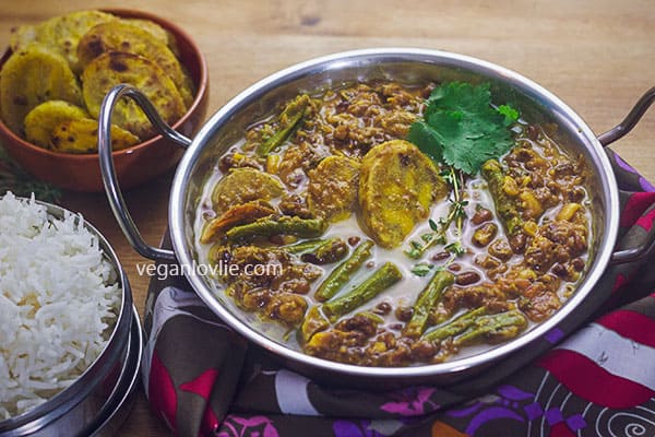 Aduki beans curry with plantain and snake beans