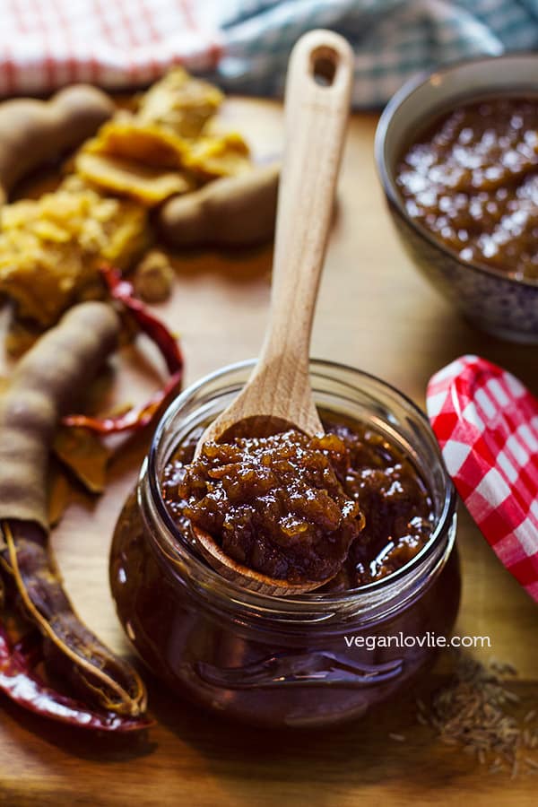 apple tamarind chutney sweetened with date and jaggery