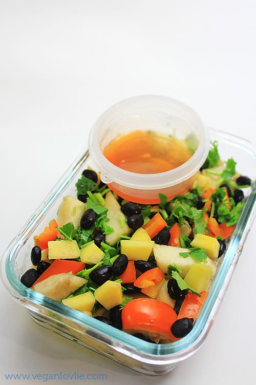Black Bean Mango and Apple Salad with Maple Butter-Sriracha and Lemon Dressing