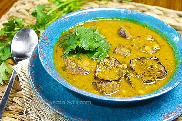 dal, yellow split pea soup with Chinese eggplant or aubergine