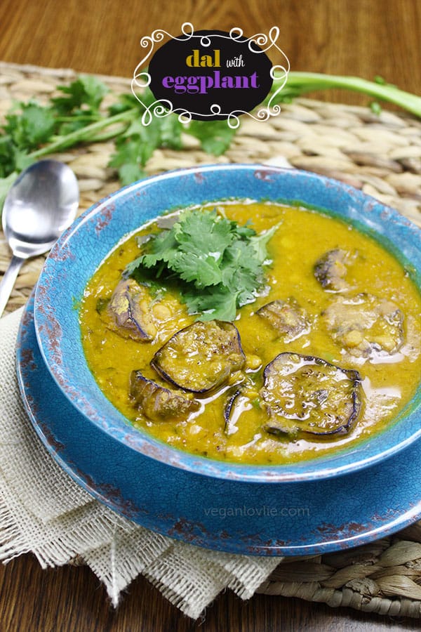 dal, yellow split pea soup with chinese eggplant or aubergine