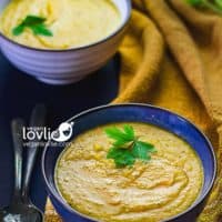 Creamy Corn Pumpkin Red Lentil Soup - vegan dairy-free soup recipe