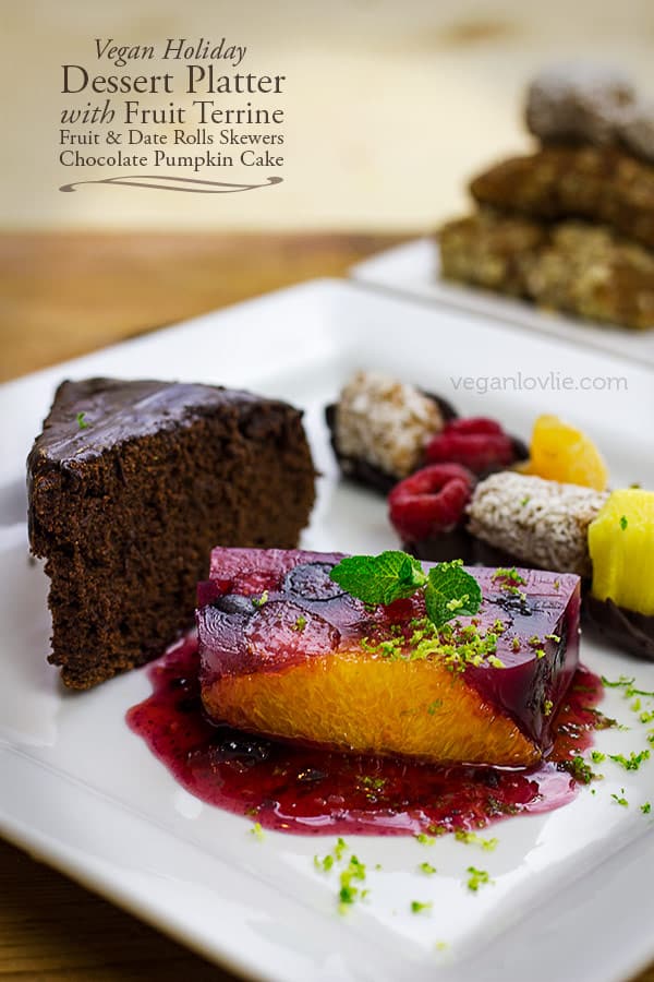 Vegan Dessert Platter with Fruit Terrine, Fruit and Date Rolls Skewers