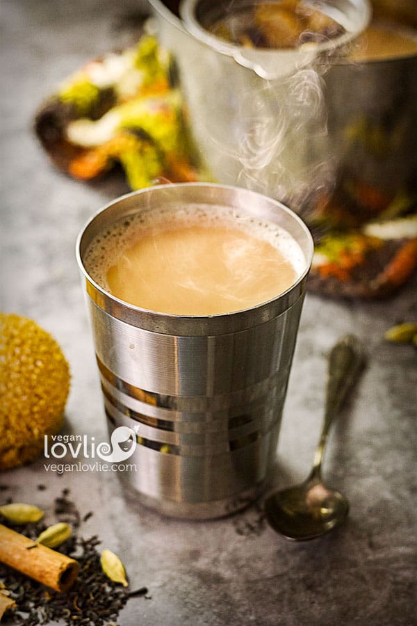 Spiced chai tea brewed with cardamom, cinnamon, ginger and a touch of vanilla, creamed with plant milk. Vegan chai tea recipe. Mauritian tea recipe.