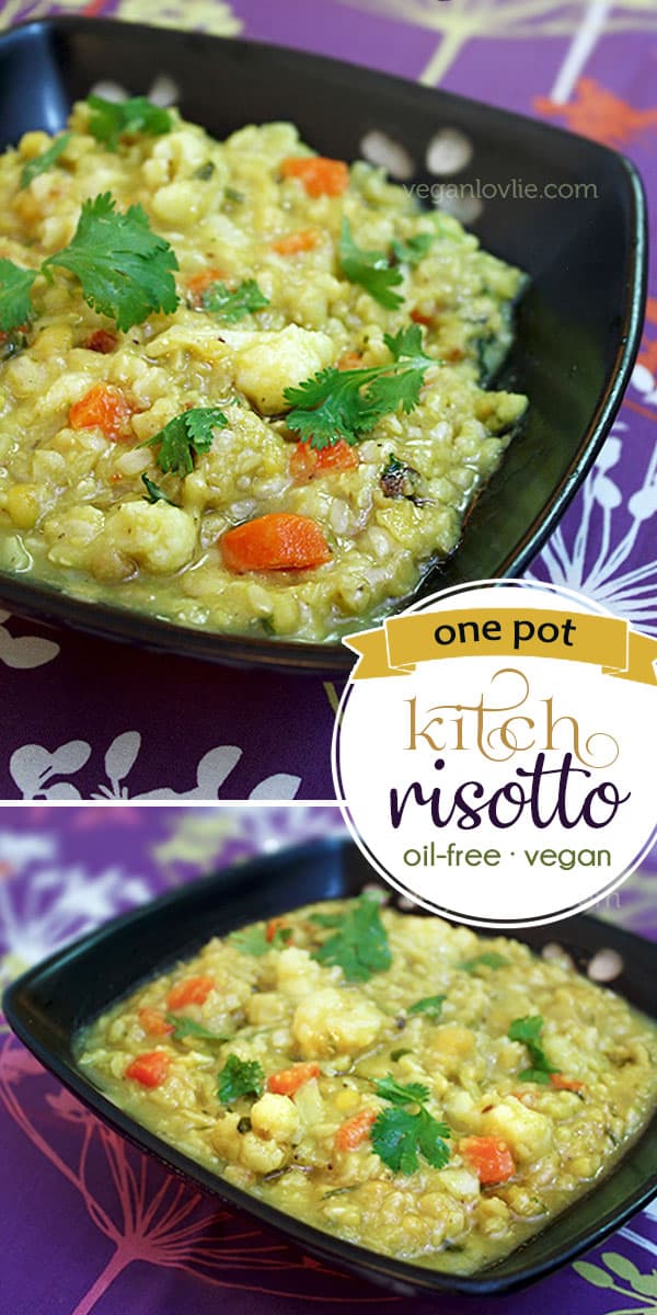 Kitchrisotto, a delicious fusion of risotto and kitchri with turmeric infused dal and red lentils, brown rice and no added oil. 
