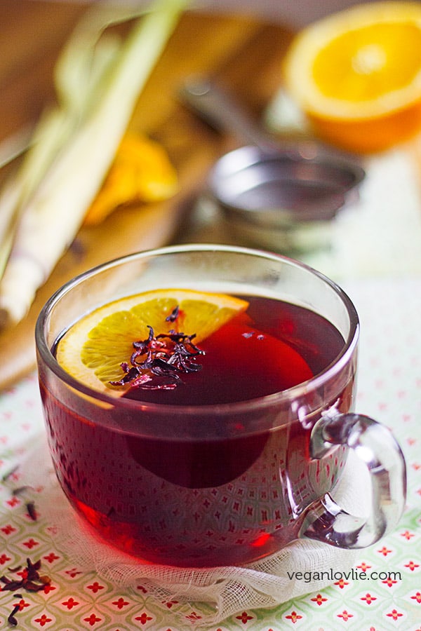 lemongrass hibiscus tea recipe with orange peel and maple syrup