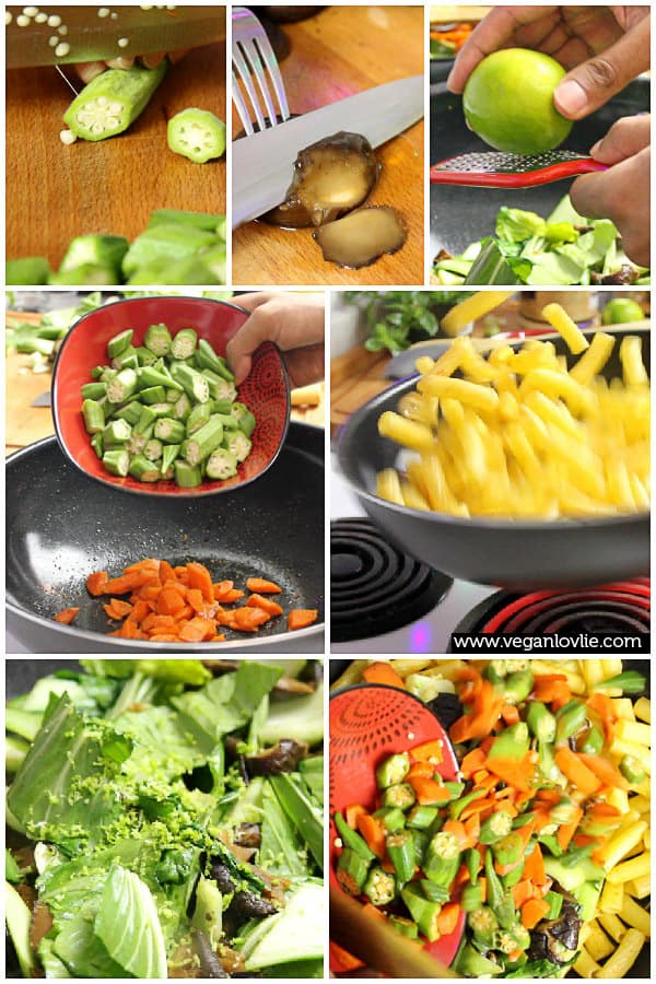 lemongrass vegetable pasta stir fry with okra, vegetarian, vegan recipe