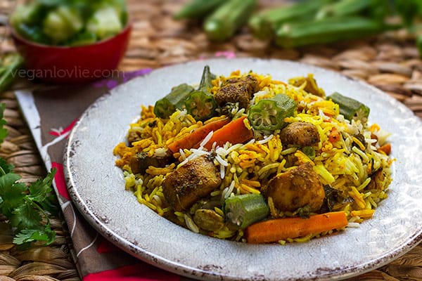 Mauritian Vegan Biryani with Okra and Soya Chunks (Textured Vegetable Protein)
