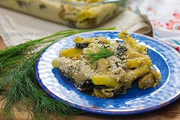 Vegan White Sauce Rigatoni Pasta Bake Recipe with Green Chard and Cauliflower