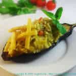 aubergine risotto with pickled lemons served on baked aubergine