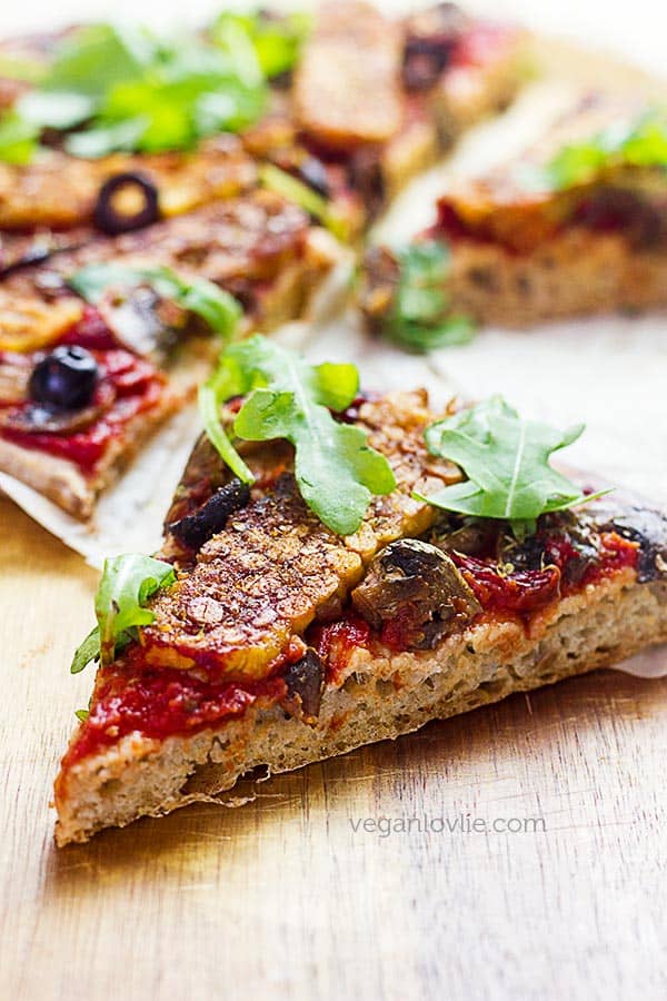 Harissa Tempeh Pizza without cheese and with no knead pizza dough, cheeseless pizza